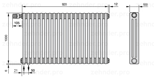 Схема (чертеж) Радиатор Zehnder Charleston 3100/20 №V001 Белый глянцевый RAL 9016